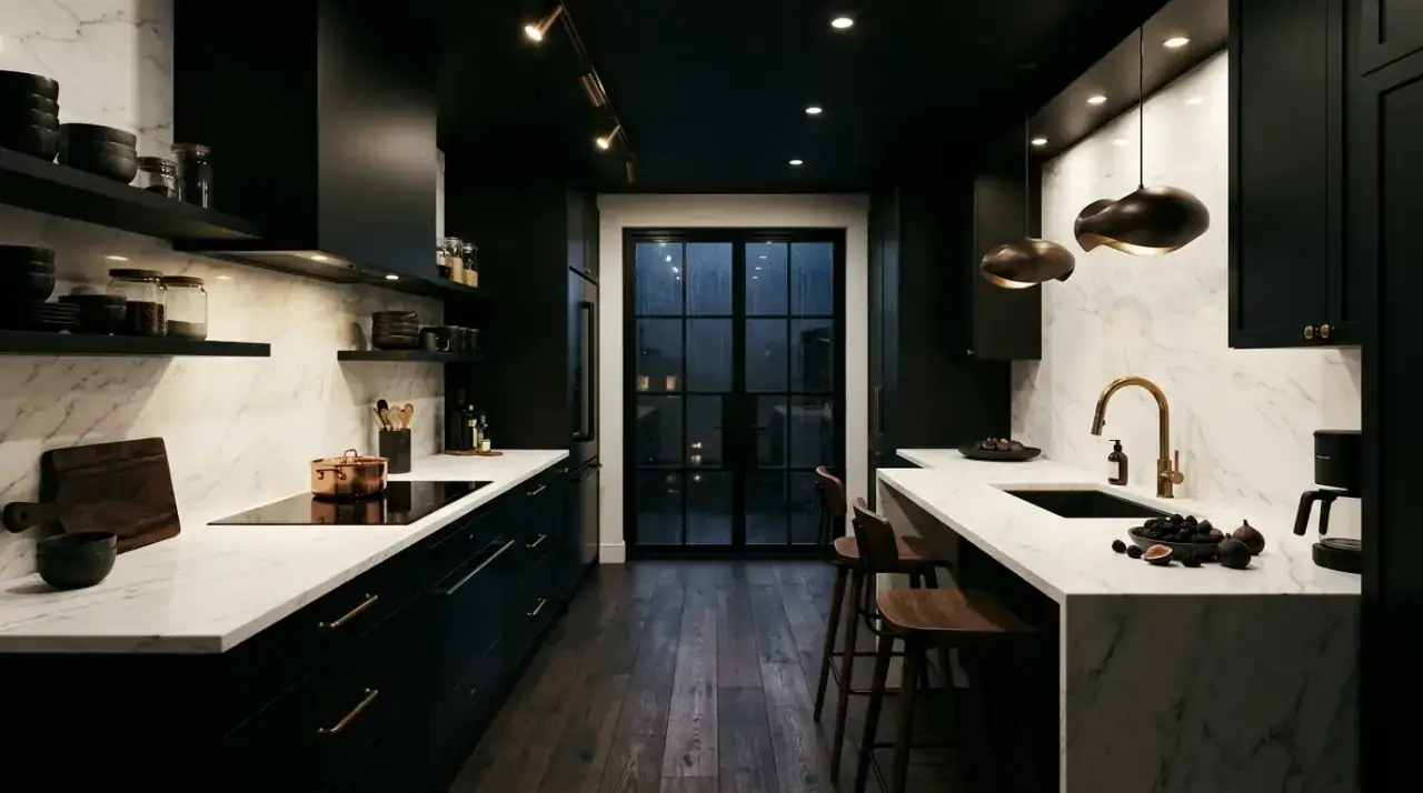 Black frames in black white kitchen. Modern black and white kitchen with strong black framed windows.