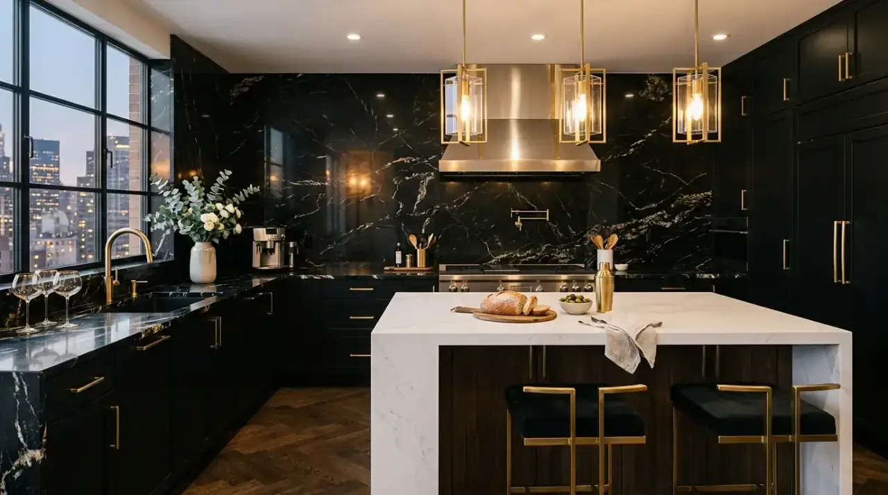 Warm metal black white kitchen. Modern black and white kitchen accented with warmer metallic finishes.