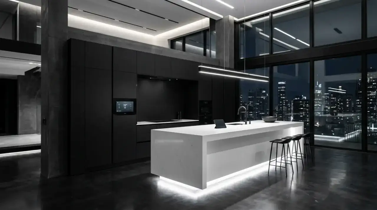 Edited decor black white kitchen. Bold black and white kitchen with restrained polished decor.