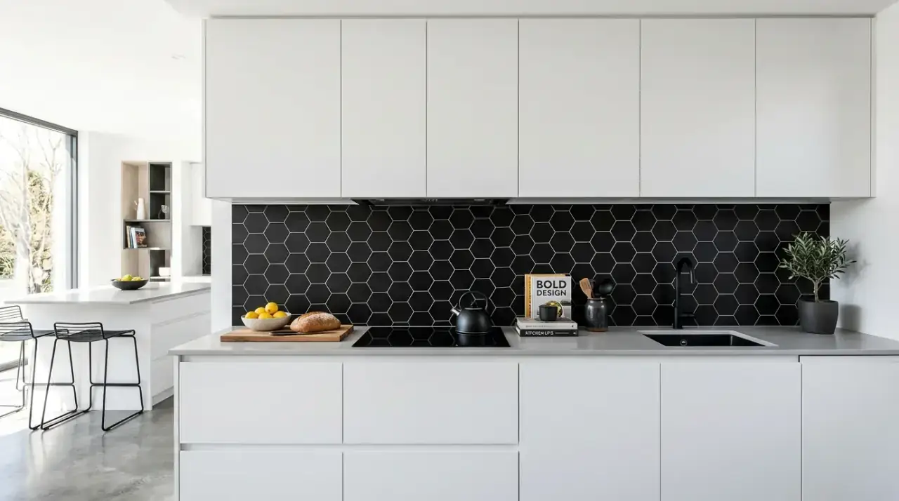 Lighting in black white kitchen. Timeless contrast kitchen shaped by warm modern lighting.