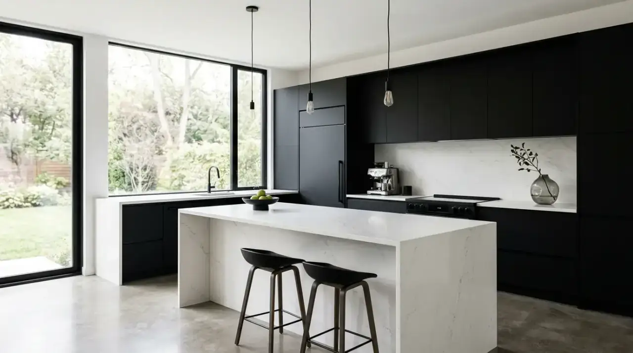 Black island white kitchen. Modern white kitchen anchored by a bold black island.