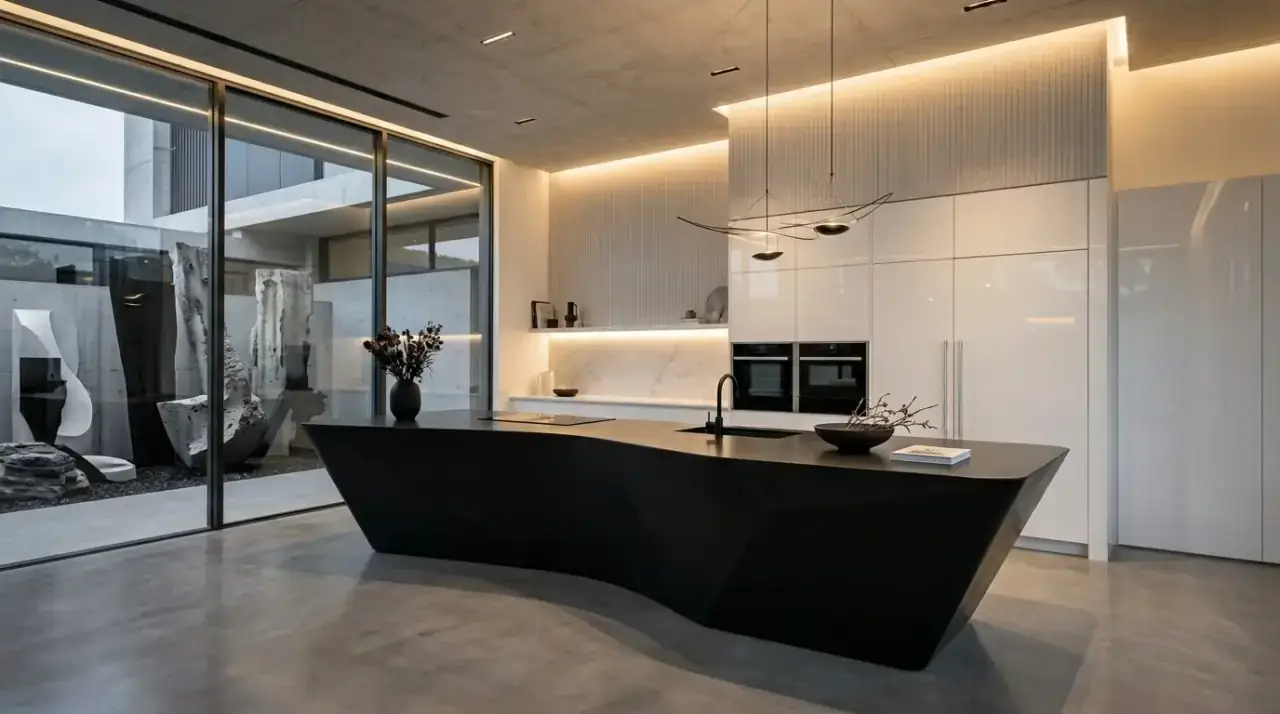 Glass accents black white kitchen. Bold modern black and white kitchen with reflective glass accents.