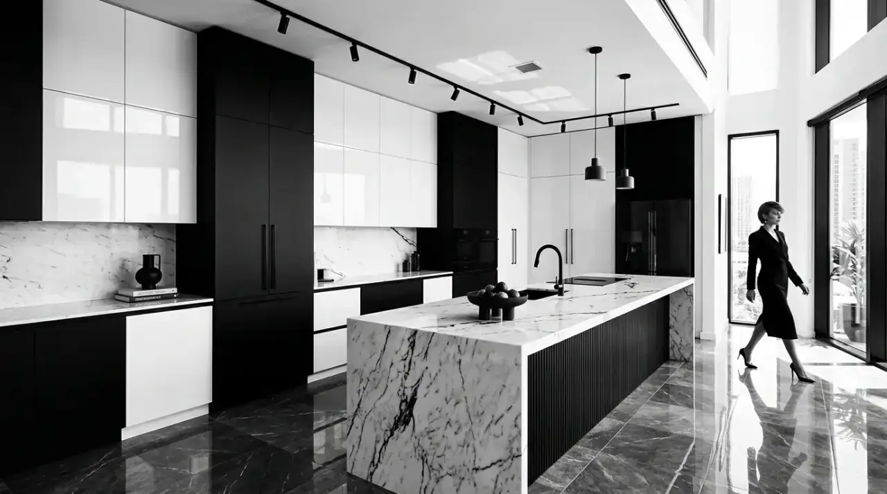 Black white kitchen overview. Bold modern black and white kitchen with timeless contrast overall view.
