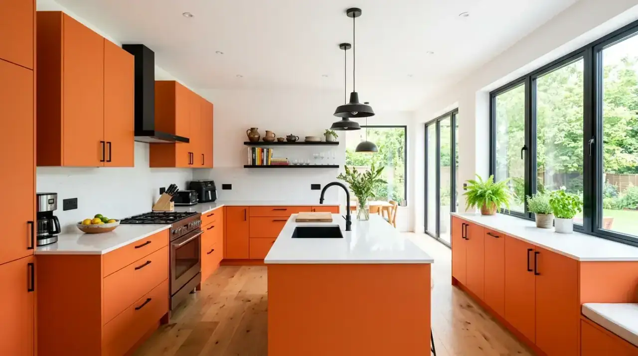 Bold orange kitchen designed to feel vibrant, warm, and energetic.
