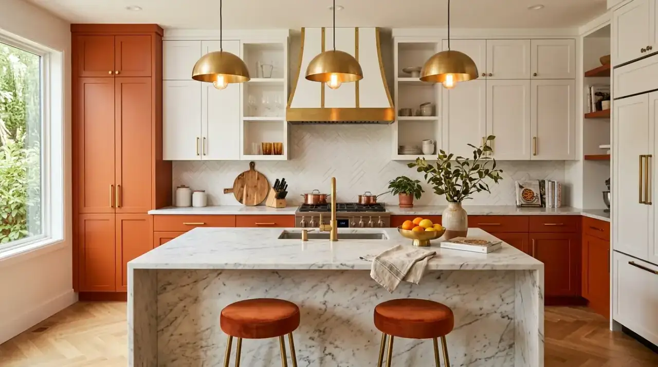 Orange kitchen island. Bright focal island bringing energy into a mostly neutral kitchen.