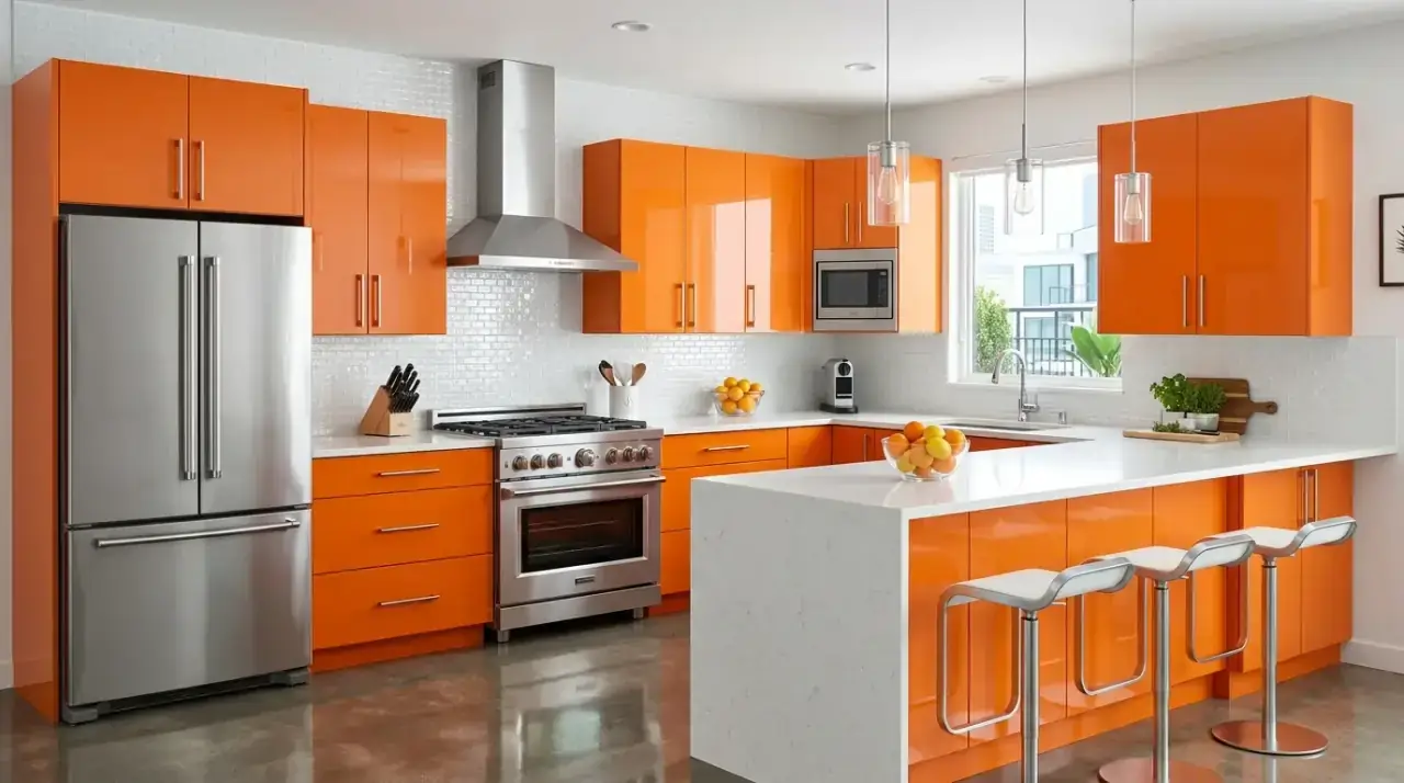 Orange kitchen backsplash tile. Colorful wall tile bringing vibrant warmth into the cookspace.