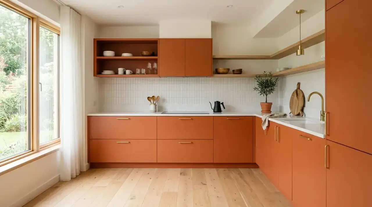 Orange and white kitchen. Fresh contrast balancing a vibrant orange kitchen palette.