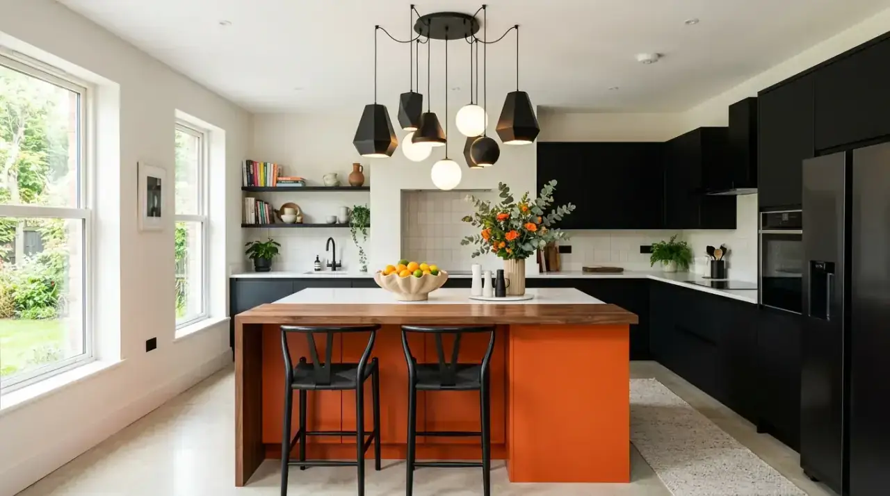 Terracotta orange kitchen. Earthier orange tones creating a warm grounded cookspace.