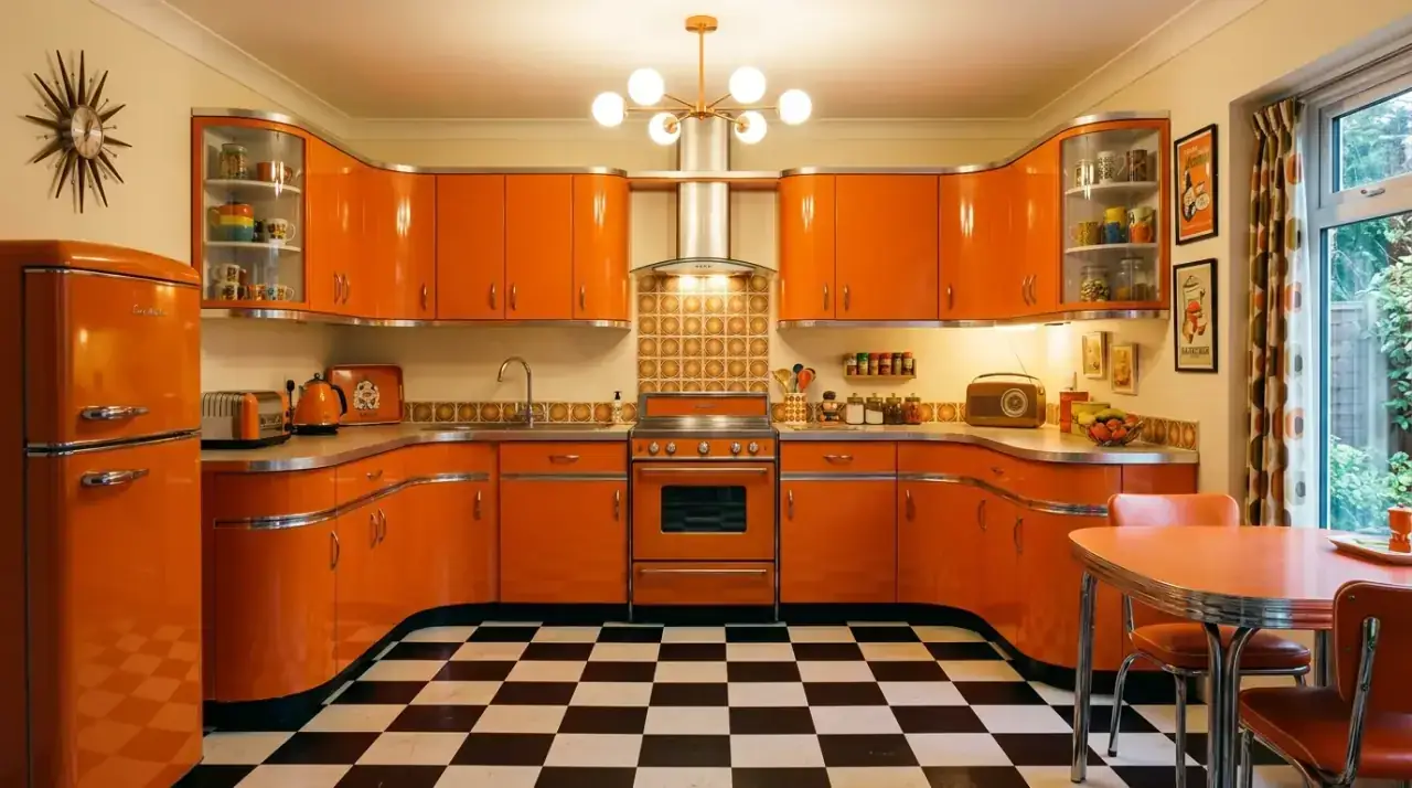 Orange kitchen with black accents. Bold color palette defined by sharper dark contrasting details.