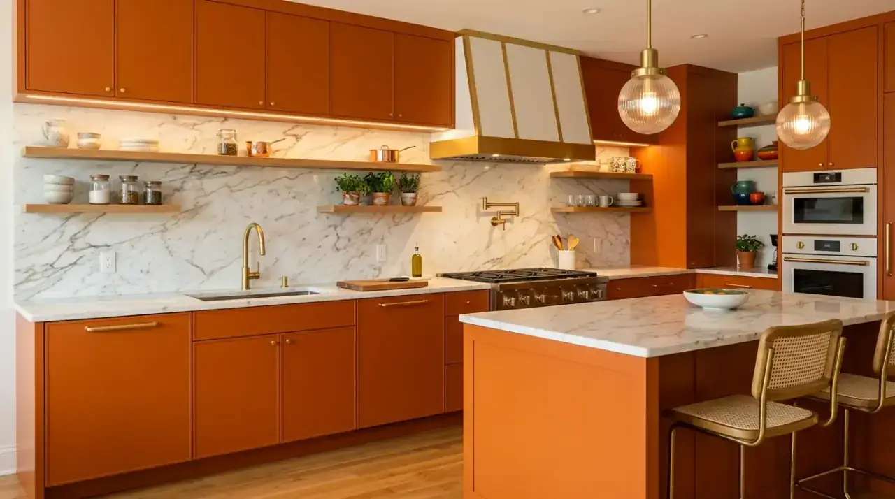 Orange kitchen walls. Warm painted walls energizing a more restrained kitchen design.