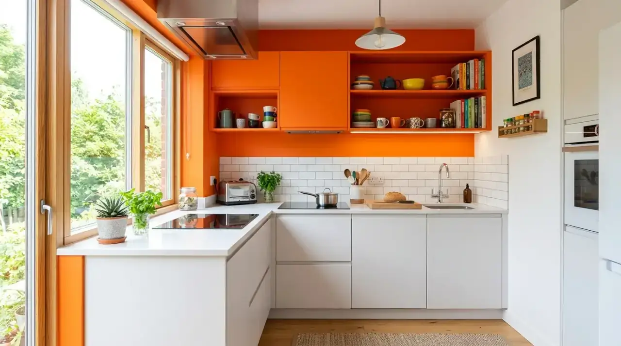 Glossy orange retro kitchen. Reflective vibrant cabinetry giving the kitchen a playful retro edge.