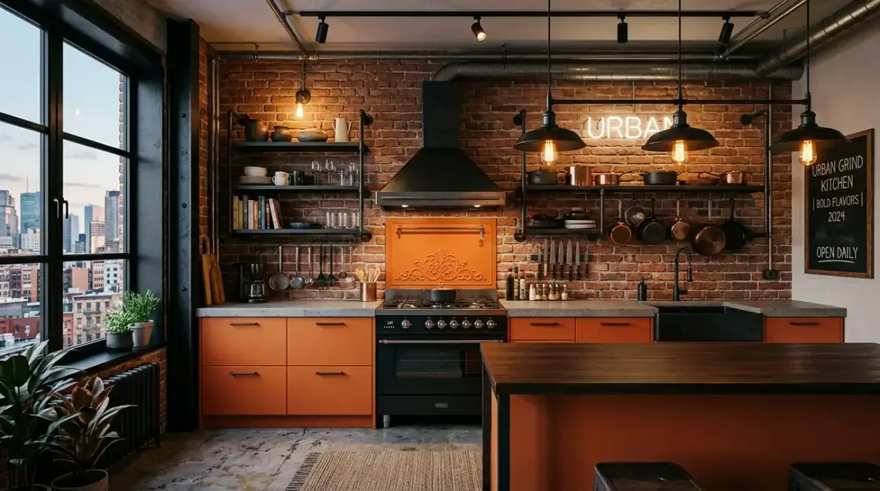 Warm lighting in orange kitchen. Layered light enriching the warmth of a vibrant orange palette.