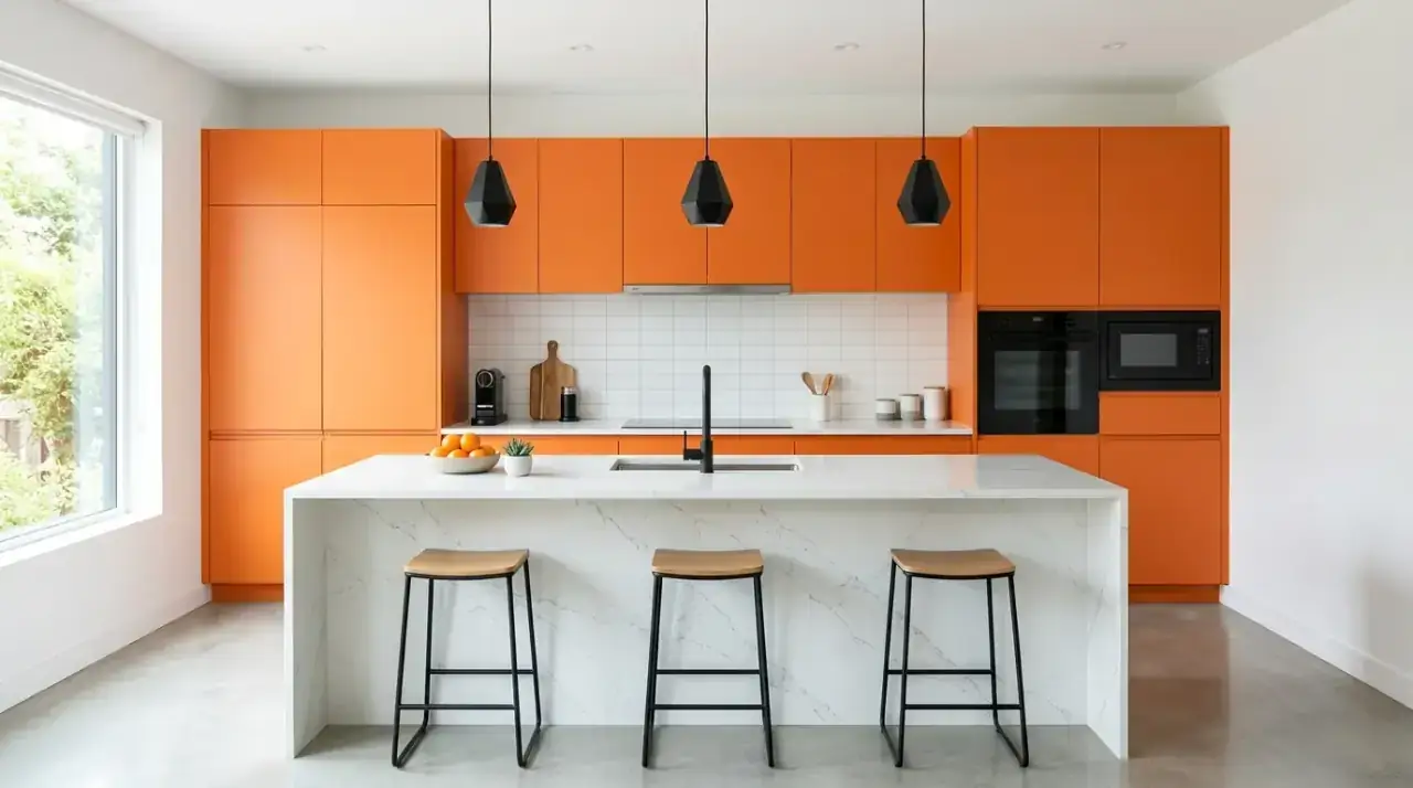 Textured orange kitchen. Natural materials helping a bold kitchen color feel more balanced.