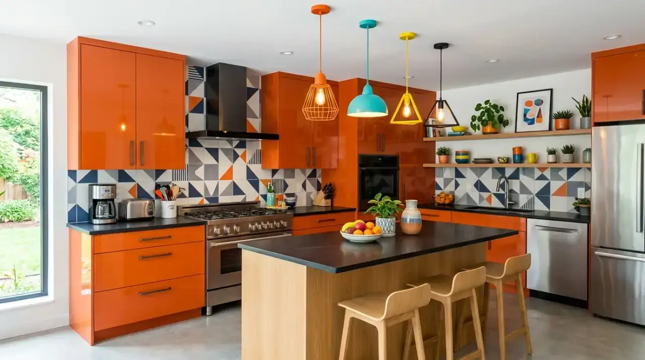 Bold orange kitchen full palette. Energetic cookspace designed around balanced and intentional orange color.