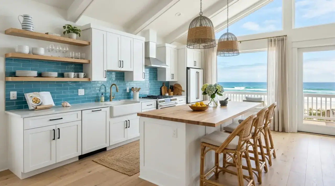 Breezy coastal kitchen decor creating a beachy cookspace with lightness and relaxed warmth.