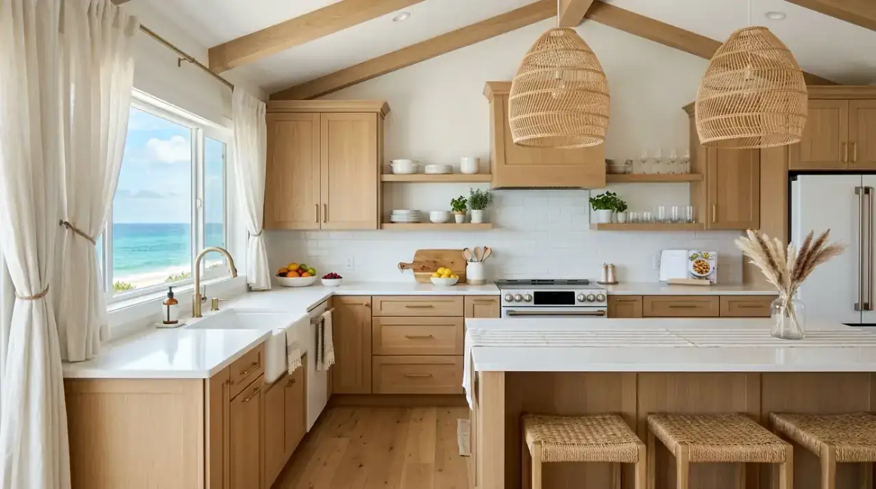 Woven stools coastal kitchen. Breezy coastal kitchen styled with woven stools and natural texture.
