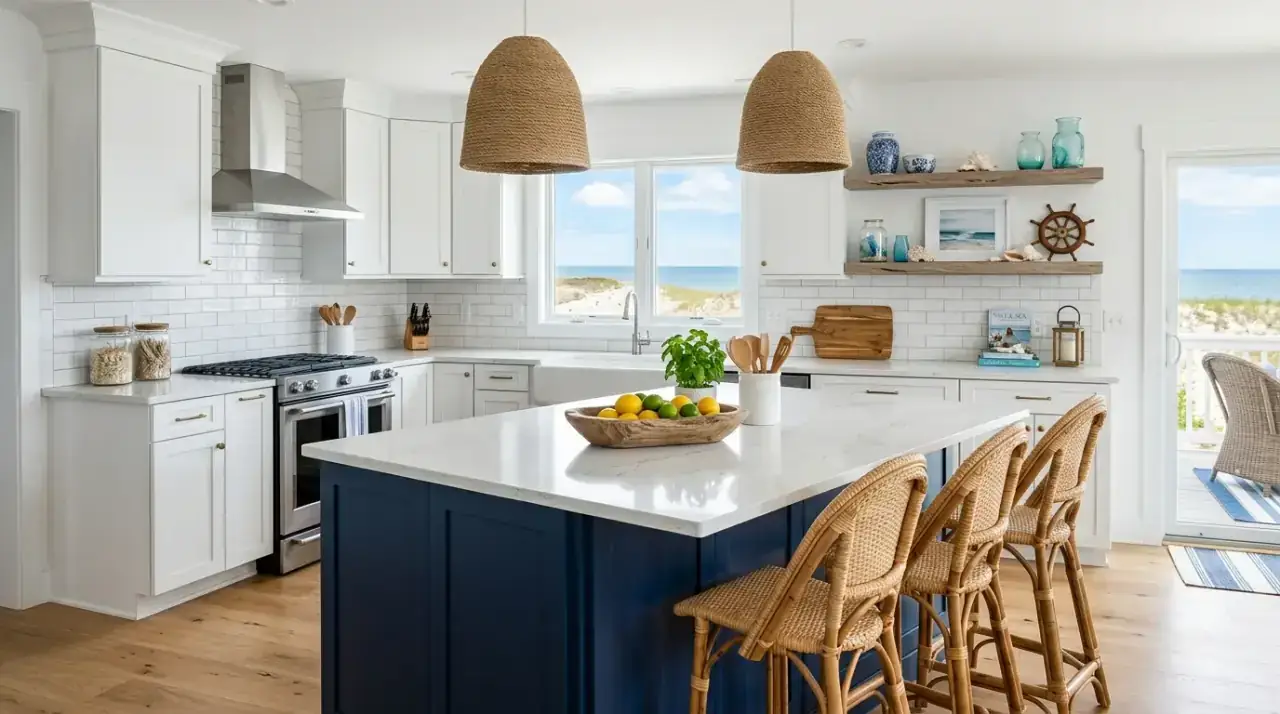 Coastal kitchen open shelves. Beachy kitchen shelves styled with white ceramics and clear glass.