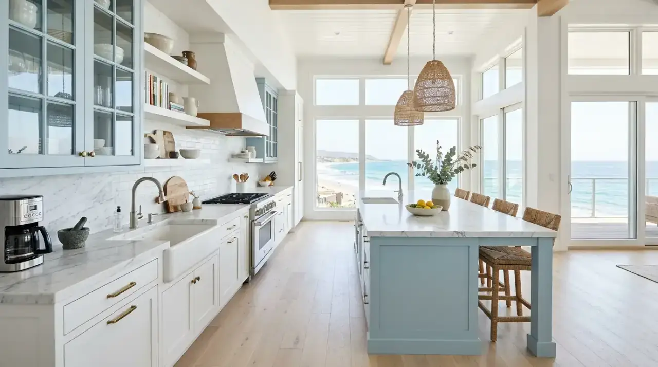 Wood accents in coastal kitchen. Breezy kitchen decor with pale wood and driftwood inspired warmth.