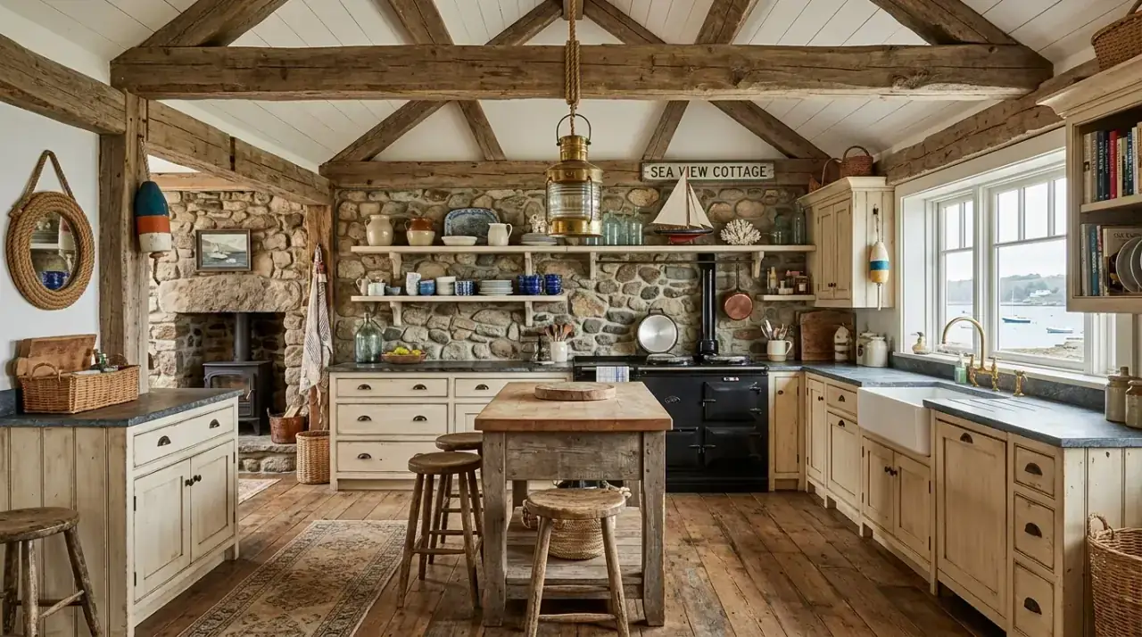 Lightly styled coastal counters. Beachy cookspace with clean countertops and simple coastal decor.