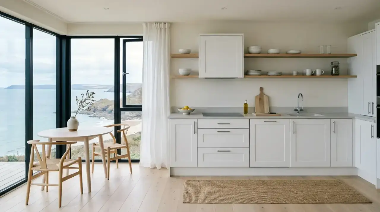 Glass pendants coastal kitchen. Breezy coastal kitchen lit with clear glass pendant lights.