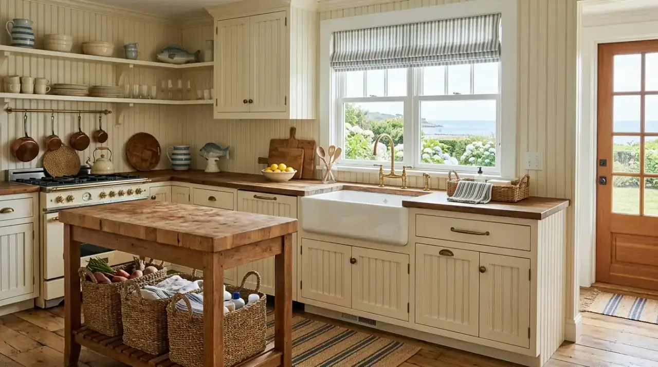Greenery in coastal kitchen. Beachy kitchen decor refreshed with loose greenery and herbs.