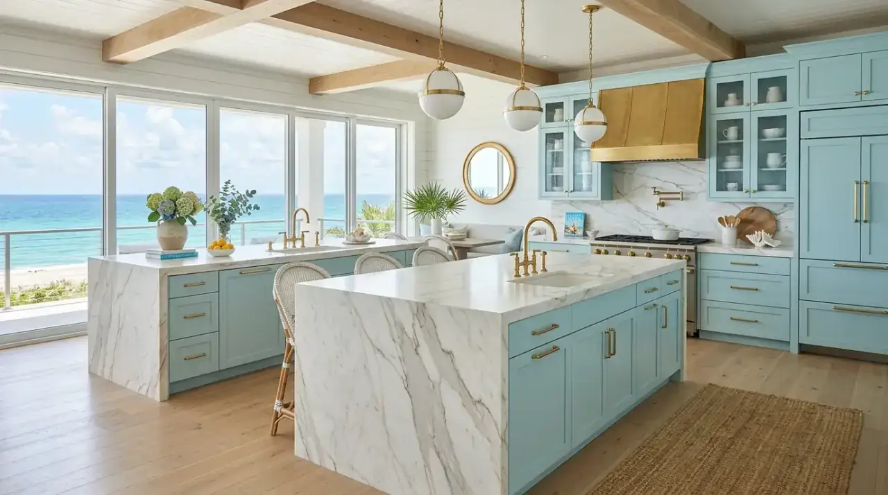 Coastal kitchen window fabric. Breezy coastal kitchen with soft linen style window treatments.