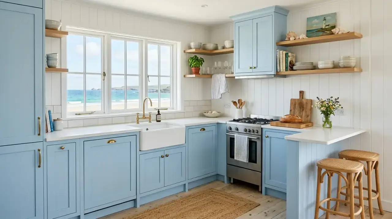 Rope accents coastal kitchen. Beach inspired kitchen using subtle rope and cane decor details.