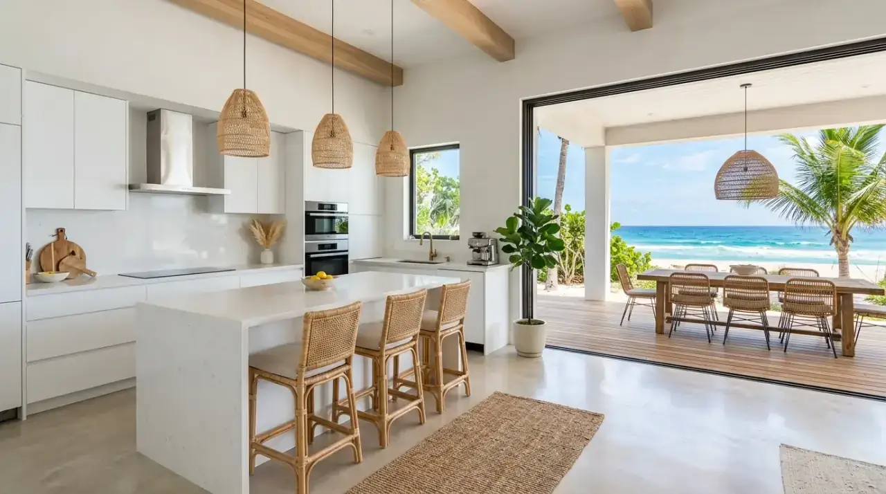 Blue accents coastal decor. Breezy coastal kitchen using blue textiles and accessories for color.