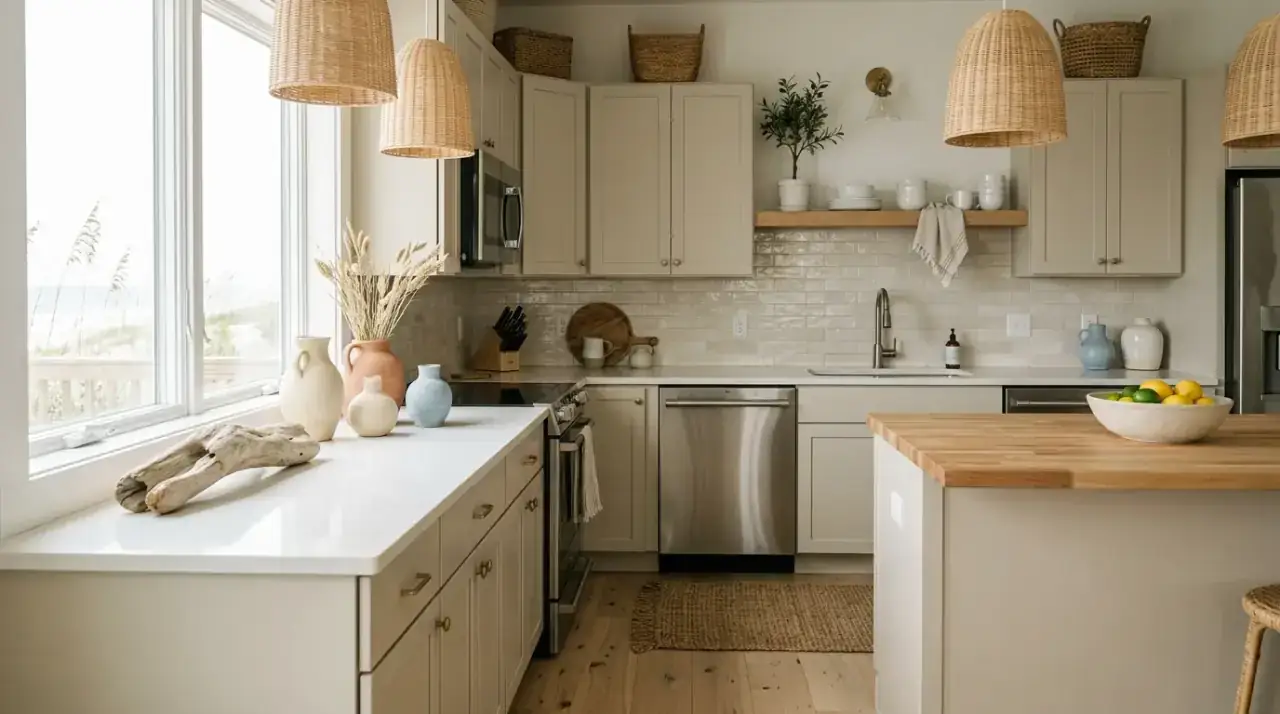 Whitewashed coastal kitchen. Beachy kitchen decor with whitewashed and sun faded finishes.