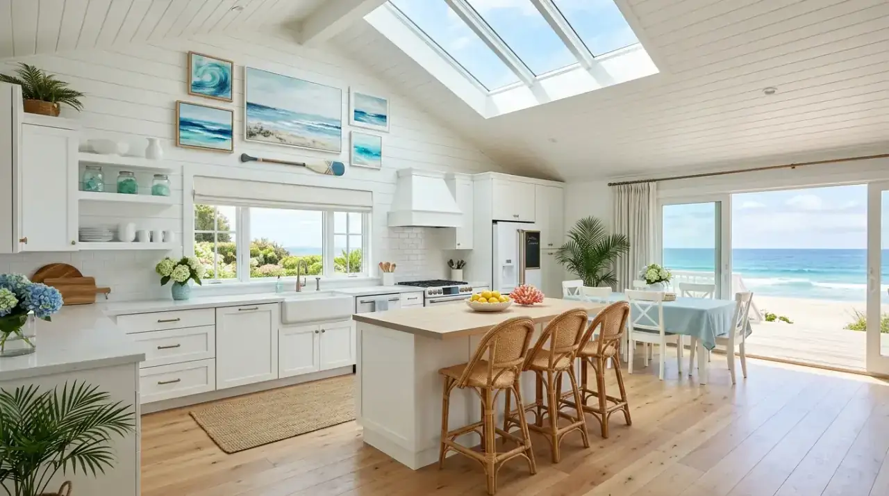Daylight in coastal kitchen. Beachy kitchen decor centered around abundant natural light.