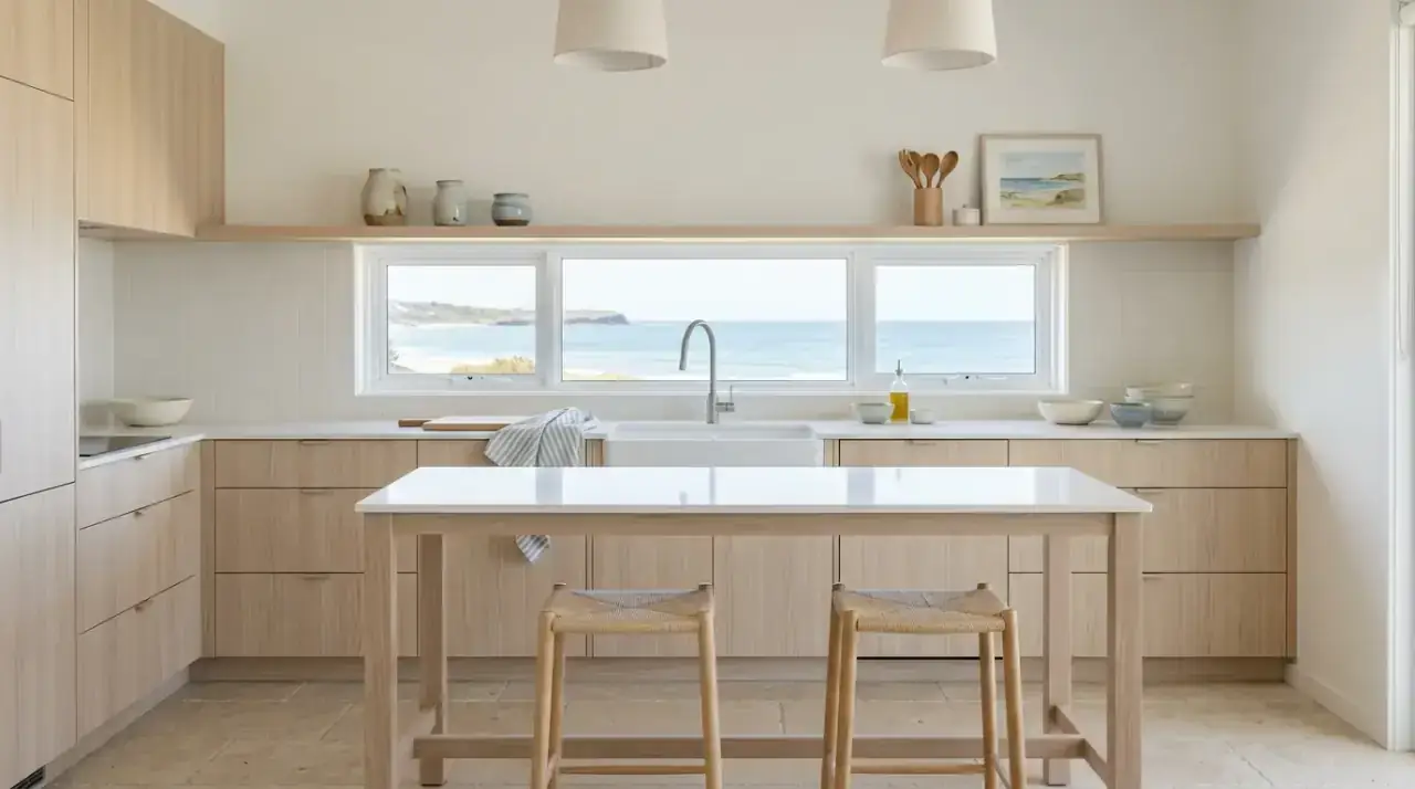 Coastal kitchen table decor. Breezy coastal kitchen with a relaxed table instead of a formal setup.
