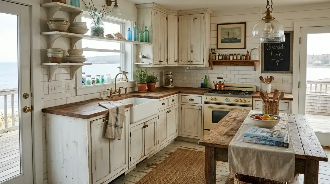Coastal kitchen overview. Beachy cookspace styled with breezy coastal warmth and lightness.