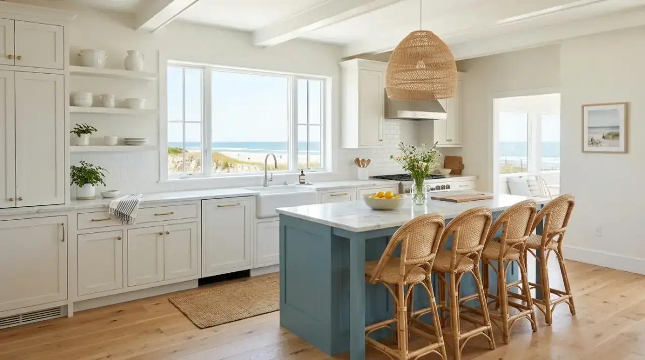 Breezy coastal kitchen with soft blues, pale wood, woven texture, and a relaxed beach house atmosphere.