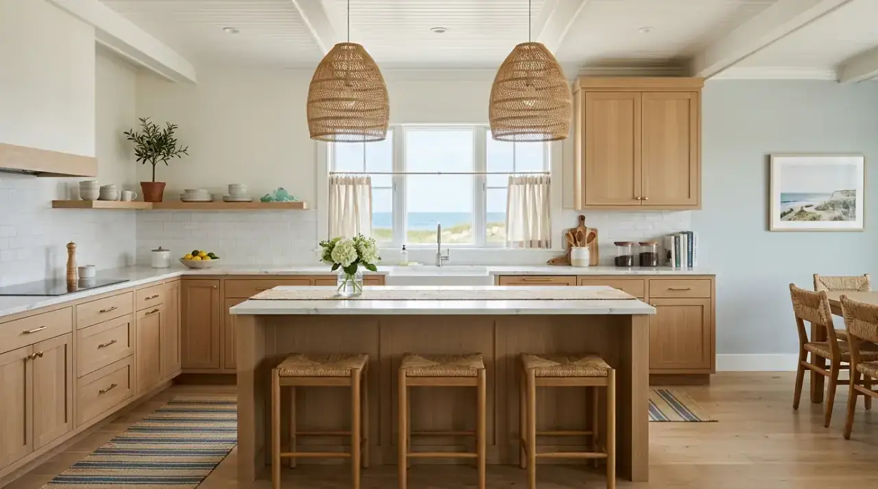 Pale wood coastal kitchen. Driftwood-toned timber warming a breezy coastal kitchen palette.