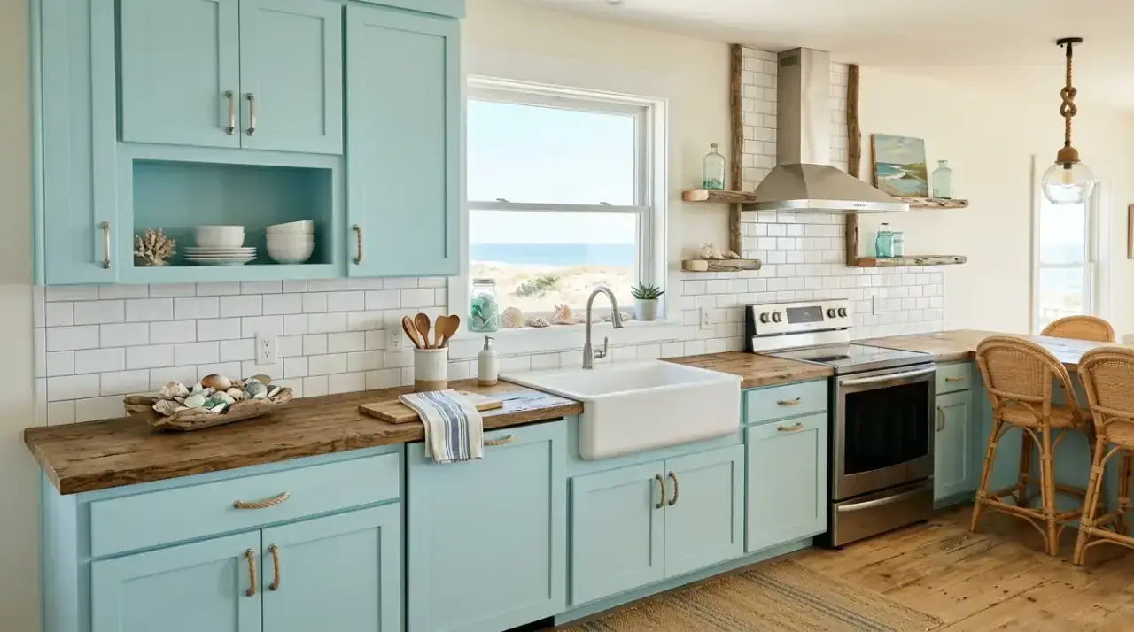 Bright coastal backsplash. Light simple backsplash keeping a beach house kitchen airy and fresh.