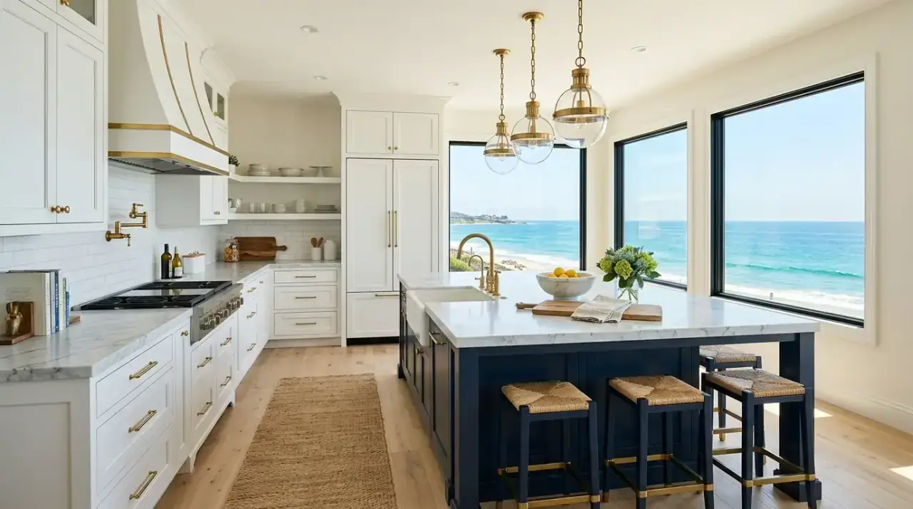 Woven coastal kitchen lighting. Natural pendant lights adding texture to a relaxed coastal kitchen.