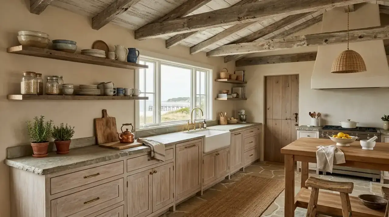 Shiplap coastal kitchen. Soft panelled walls adding light beach-house texture to the kitchen.