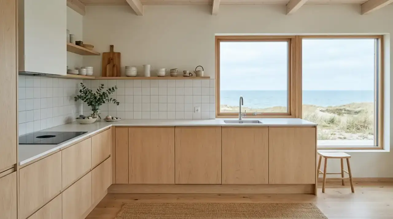 Open shelves coastal kitchen. Light open shelving reinforcing the airy mood of a beach house kitchen.