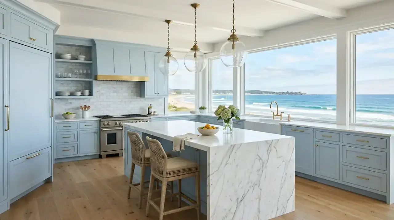 Soft coastal color palette. Sand and sea-inspired colors shaping a relaxed coastal kitchen.