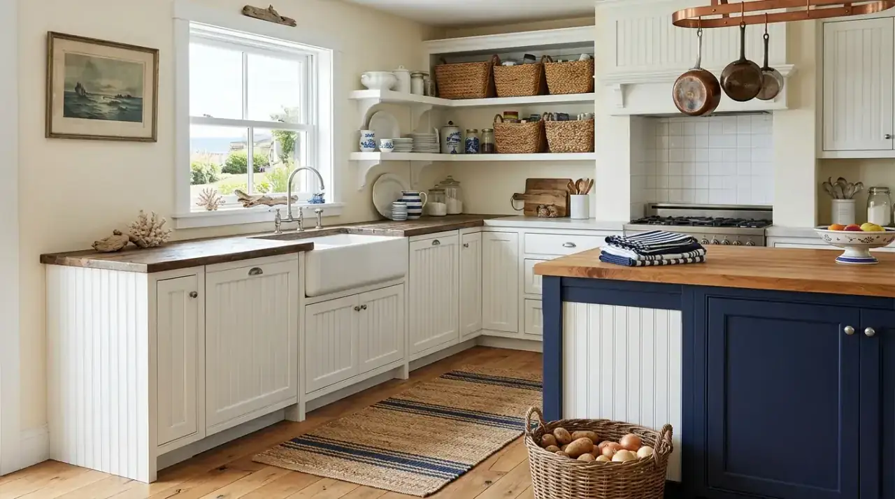 Glass coastal kitchen accents. Reflective glass details adding light and fluidity to a coastal kitchen.