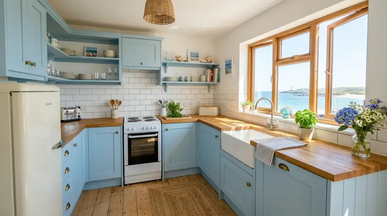 Coastal kitchen table. Casual central table creating a more relaxed beach house kitchen feel.