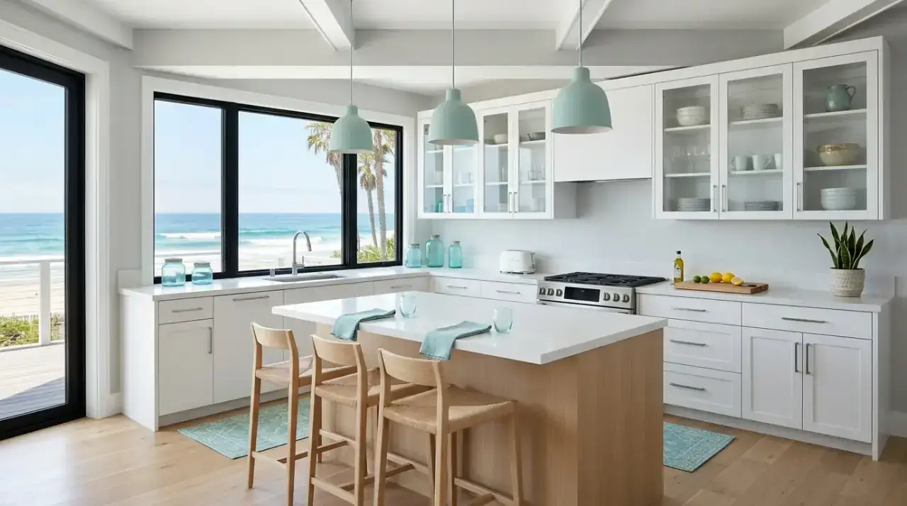 Natural fiber coastal kitchen. Woven stools and rugs warming a breezy coastal kitchen.