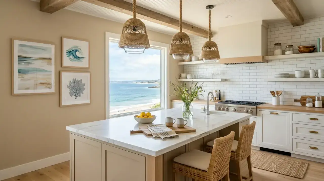 Bright windows coastal kitchen. Natural light leading the airy atmosphere of a coastal kitchen.