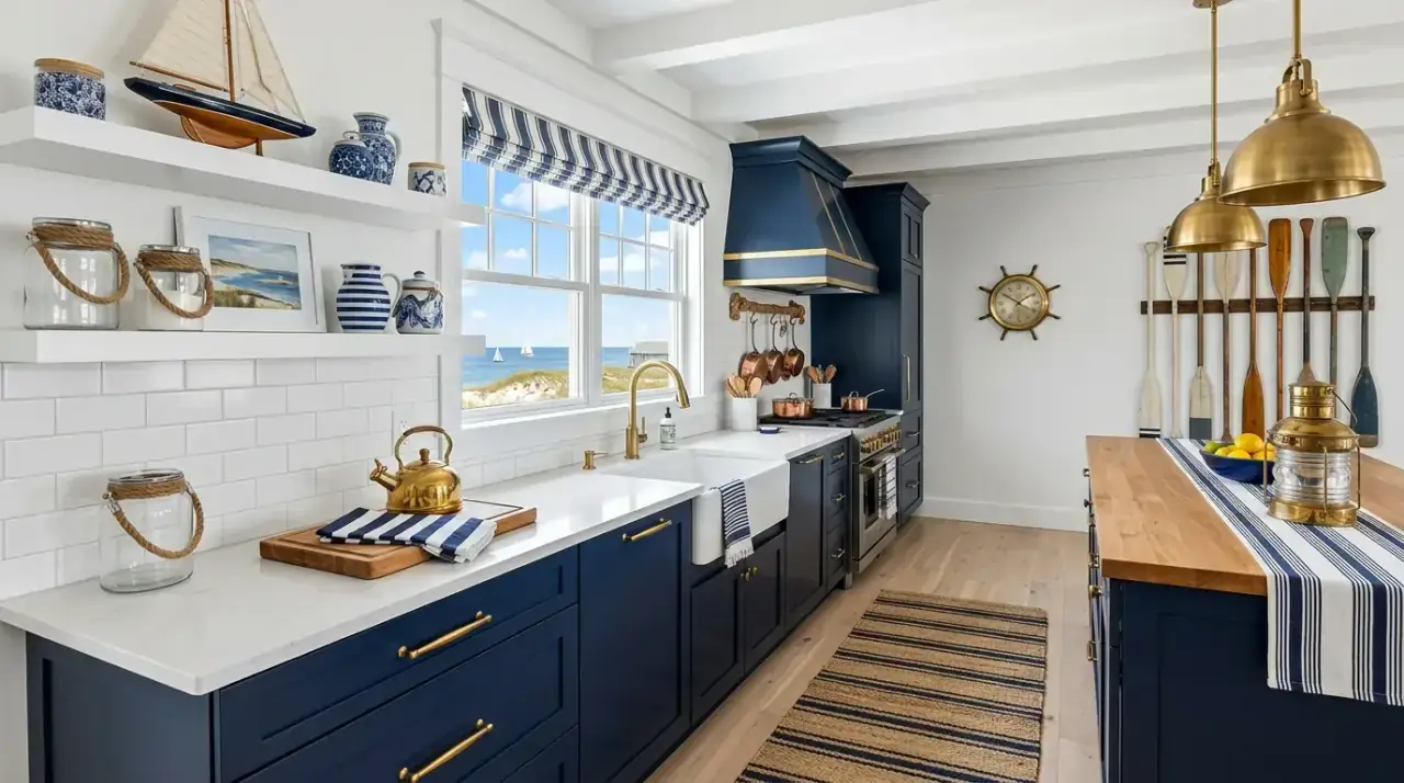 Greenery in coastal kitchen. Loose natural plants adding freshness to a beach house kitchen.