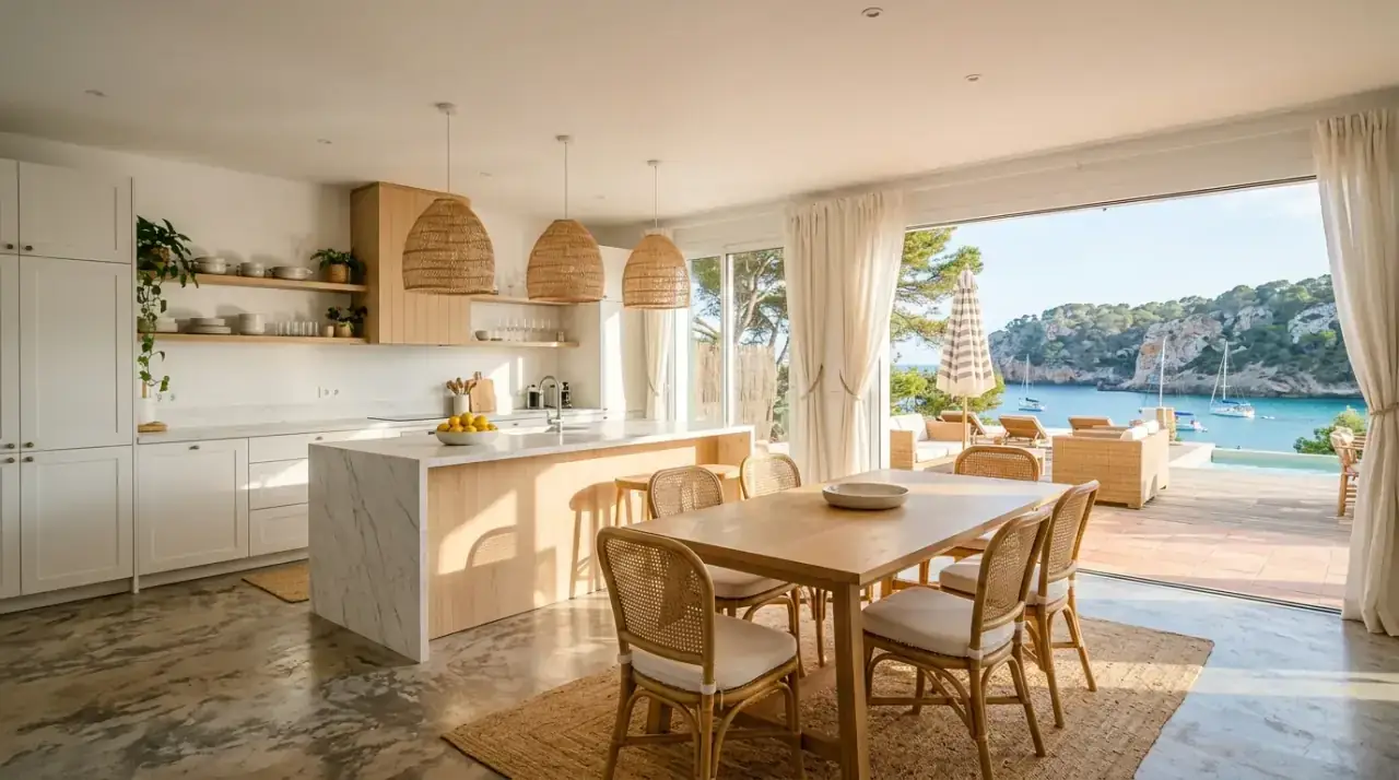 Brass coastal kitchen accents. Warm metal details balancing the cool tones of a coastal kitchen.
