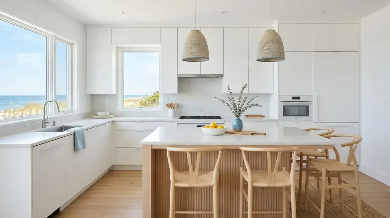 Airy coastal kitchen styling. Lightly edited decor preserving space and breeze in a coastal kitchen.