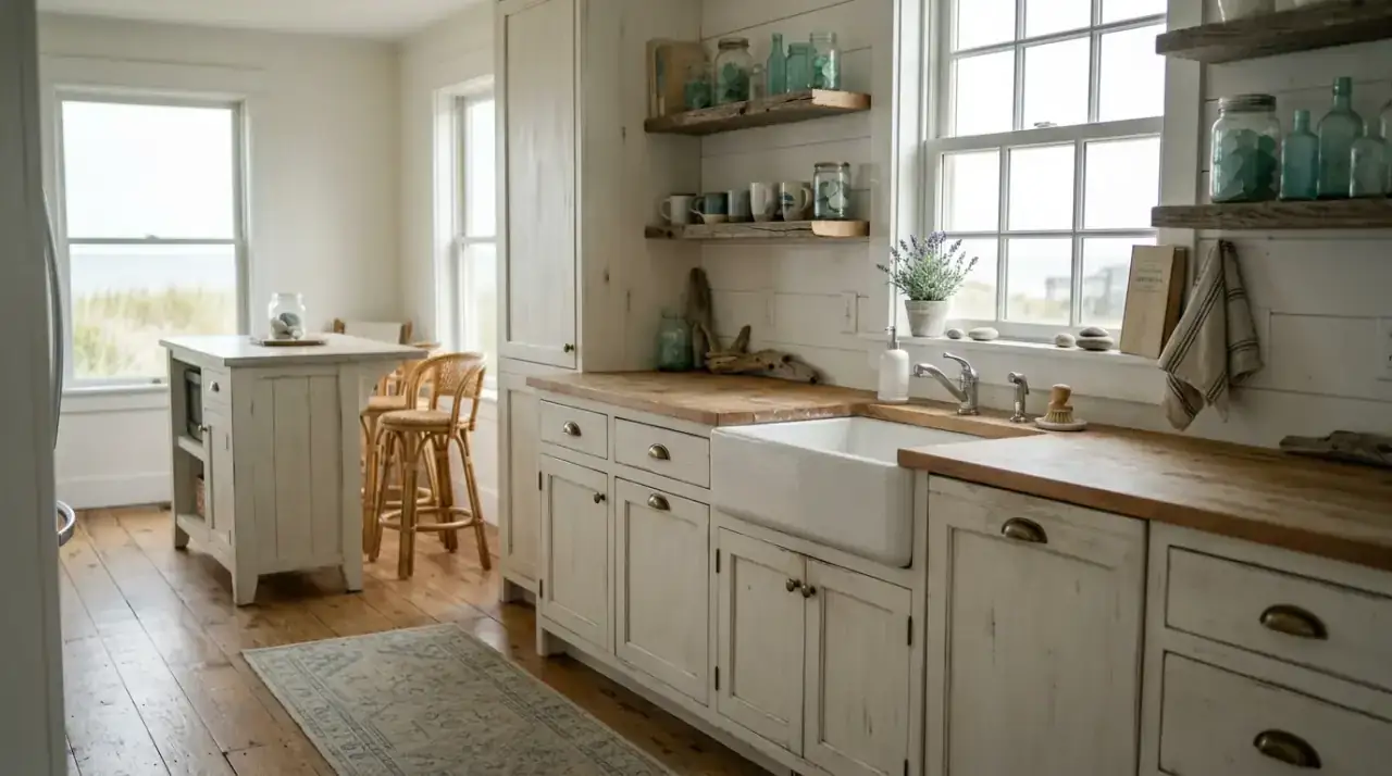 Coastal kitchen overview. Relaxed beach house kitchen balancing breezy lightness with refined warmth.
