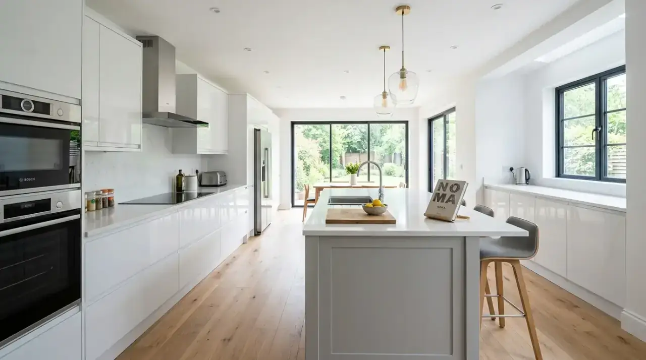 Bright modern grey and white kitchen with a clean aesthetic and polished contemporary simplicity.