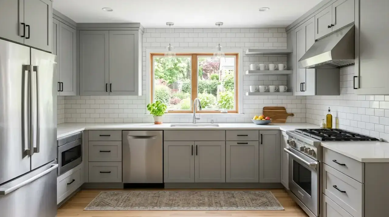 Warm grey modern kitchen. Clean modern kitchen using warmer grey and white for softness.
