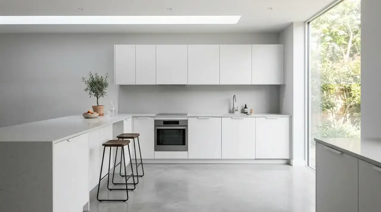 White counters grey kitchen. Bright grey and white kitchen with fresh white countertops.